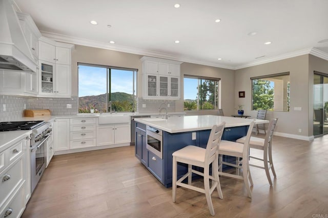 kitchen featuring glass insert cabinets, a kitchen island with sink, light countertops, and premium range hood