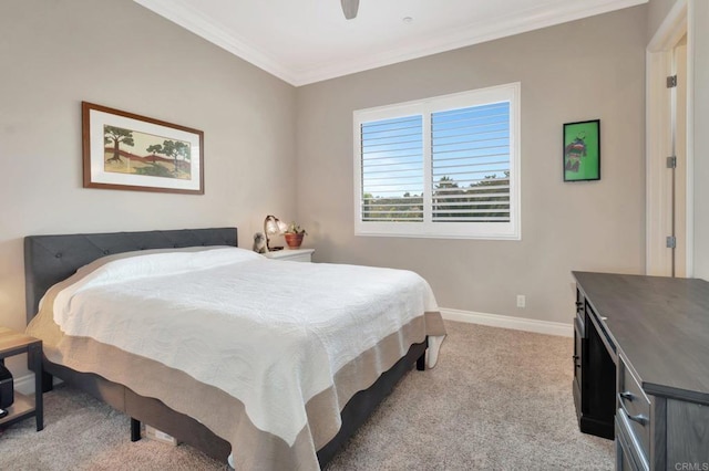 bedroom featuring a ceiling fan, light carpet, crown molding, and baseboards