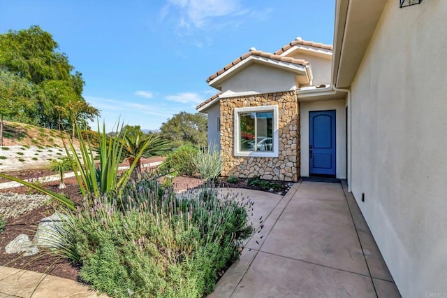 doorway to property featuring a tile roof, stone siding, a patio area, and stucco siding