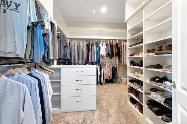 walk in closet featuring light colored carpet