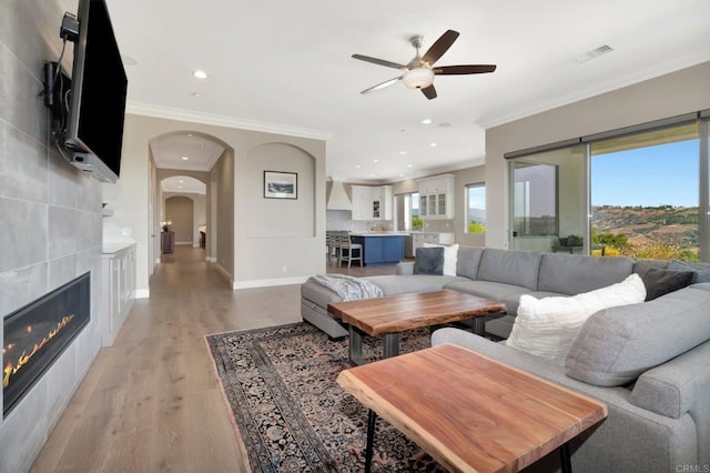3026 Via Loma, Fallbrook, CA 92028 - living room featuring ceiling fan, ornamental molding, arched walkways, light wood-type flooring, and a fireplace