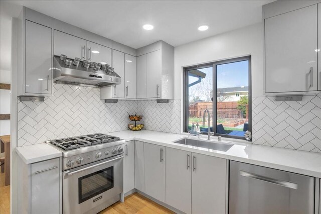 kitchen featuring sink, appliances with stainless steel finishes, gray cabinetry, backsplash, and light wood-type flooring