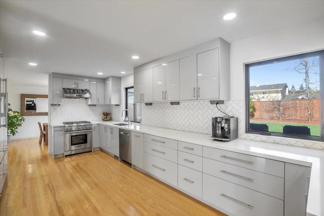 kitchen with ventilation hood, sink, backsplash, stainless steel appliances, and light hardwood / wood-style flooring