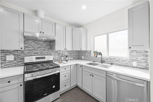 kitchen with stainless steel appliances, sink, decorative backsplash, and white cabinets