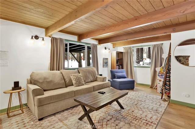 living room with wood ceiling, light wood-type flooring, and beamed ceiling