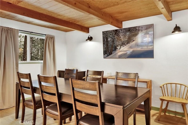 dining area featuring beamed ceiling, light wood-type flooring, and wooden ceiling