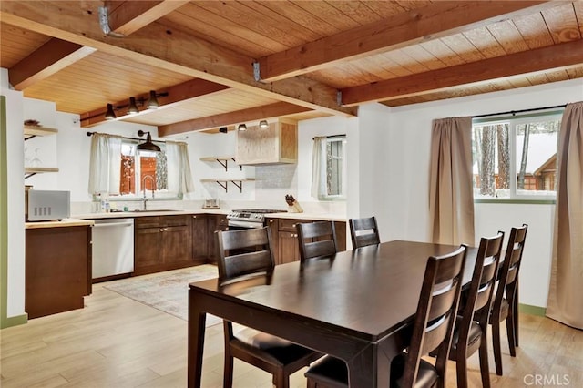 dining area featuring sink, beam ceiling, wooden ceiling, and light hardwood / wood-style floors