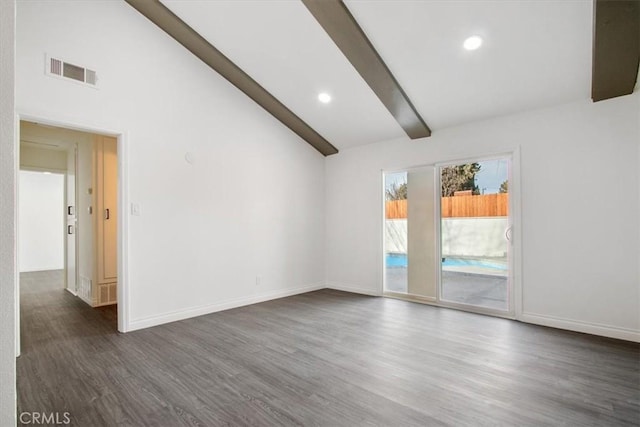 spare room with beamed ceiling, dark hardwood / wood-style floors, and high vaulted ceiling