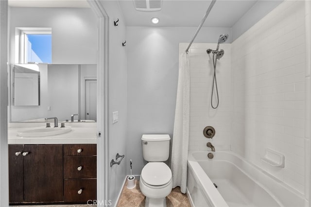 full bathroom with shower / bathtub combination with curtain, vanity, and toilet