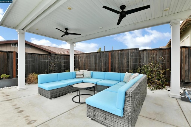 view of patio with ceiling fan and an outdoor hangout area