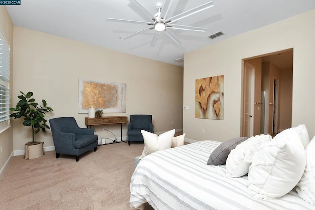 bedroom featuring ceiling fan and light colored carpet