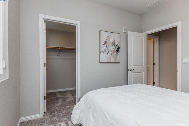 carpeted bedroom featuring a spacious closet and a closet