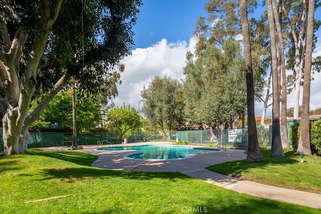 view of pool with a lawn