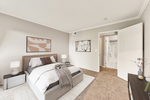 bedroom with ornamental molding and light colored carpet