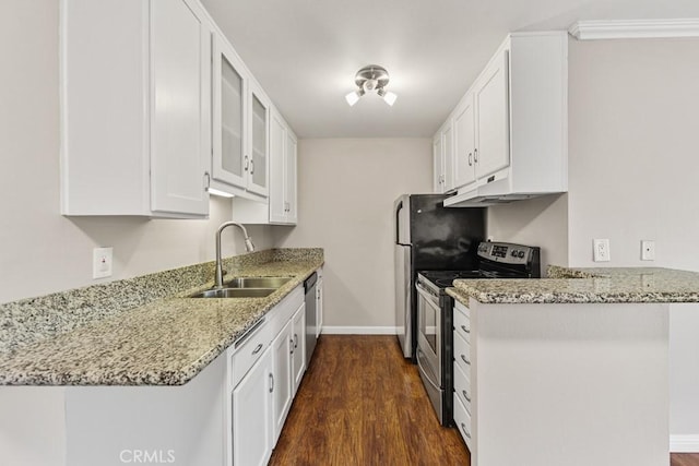 kitchen with sink, appliances with stainless steel finishes, light stone countertops, white cabinets, and dark hardwood / wood-style flooring