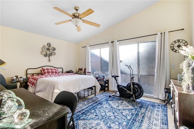 bedroom with vaulted ceiling, access to outside, tile patterned floors, and ceiling fan