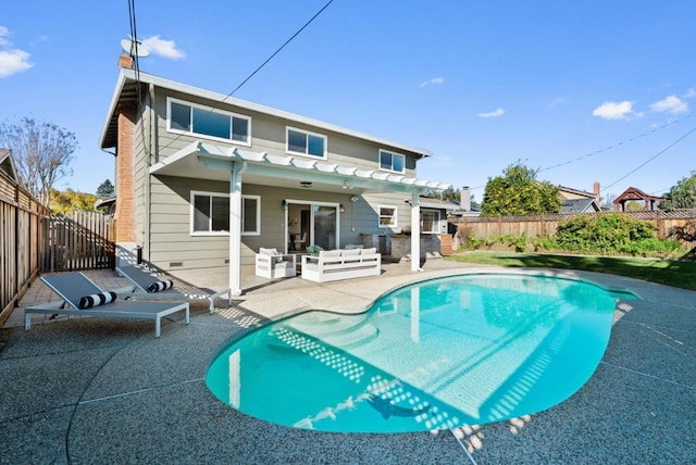 rear view of property with an outdoor living space, a pergola, a patio area, and a fenced in pool