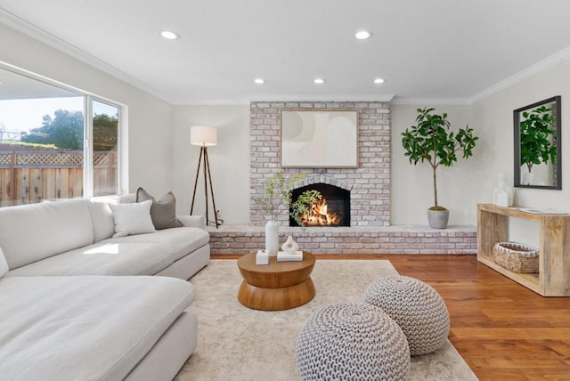 living room featuring hardwood / wood-style floors, crown molding, and a fireplace