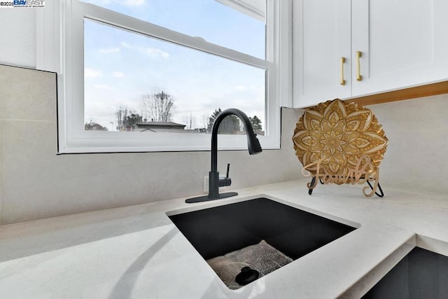 room details featuring sink and white cabinets