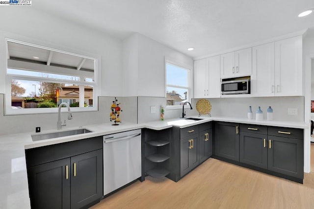 kitchen featuring white cabinetry, sink, light wood-type flooring, and appliances with stainless steel finishes