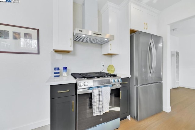 kitchen with stainless steel appliances, white cabinetry, wall chimney range hood, and light wood-type flooring