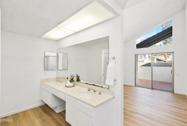 bathroom featuring hardwood / wood-style flooring, vanity, and vaulted ceiling