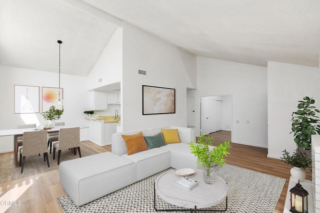 living room with high vaulted ceiling, sink, and light hardwood / wood-style floors