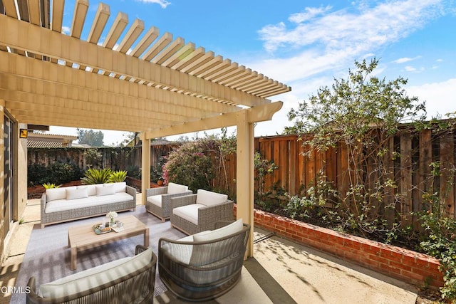 view of patio / terrace with an outdoor living space and a pergola