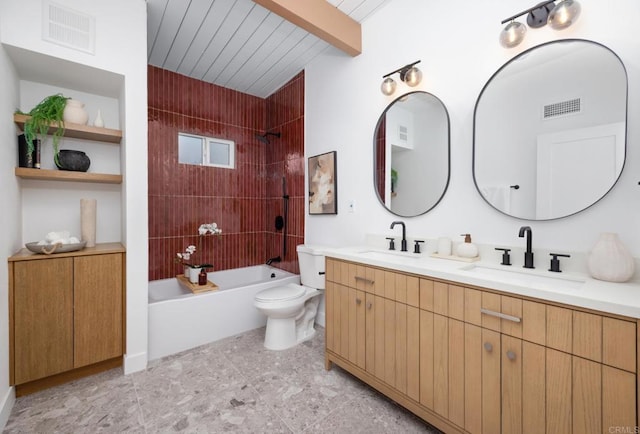 full bathroom featuring tiled shower / bath combo, vanity, wood ceiling, toilet, and beam ceiling