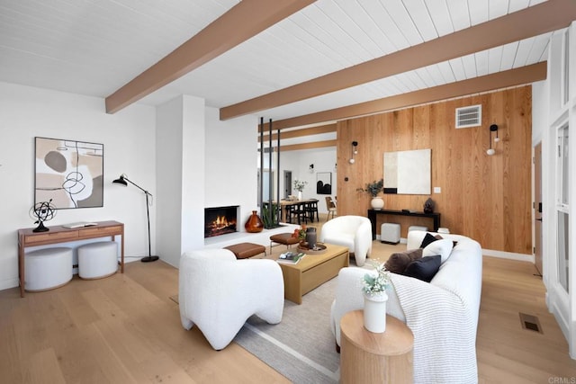 living room featuring beamed ceiling, light wood-type flooring, and wooden walls