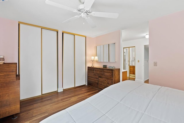 bedroom featuring ceiling fan, wood-type flooring, and two closets