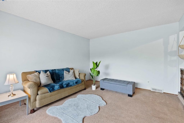 living room featuring light colored carpet and a textured ceiling