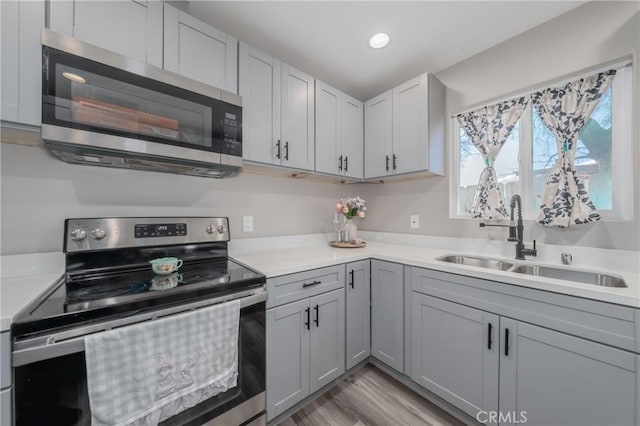 kitchen with appliances with stainless steel finishes, gray cabinets, sink, and light wood-type flooring