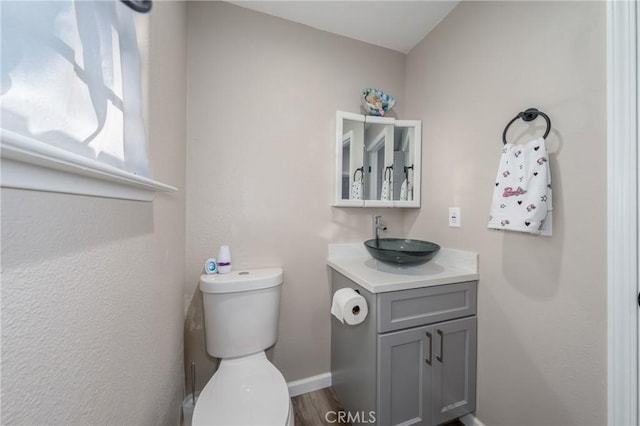 bathroom featuring hardwood / wood-style flooring, vanity, and toilet