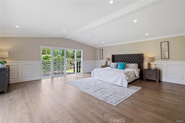 bedroom featuring ornamental molding, vaulted ceiling with beams, access to exterior, and light hardwood / wood-style floors