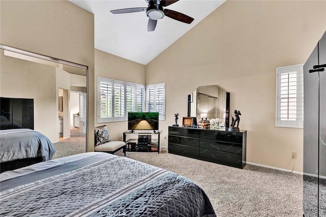 carpeted bedroom featuring multiple windows, ceiling fan, and high vaulted ceiling