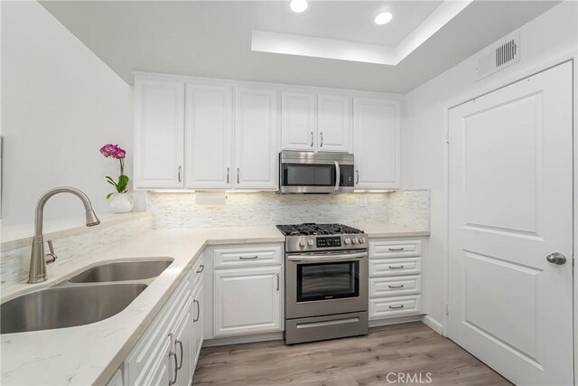 kitchen featuring tasteful backsplash, a raised ceiling, sink, white cabinets, and stainless steel appliances