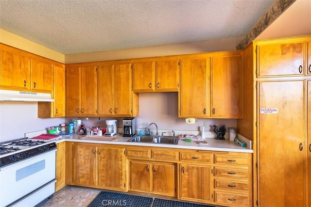 kitchen with sink, white range with gas stovetop, and a textured ceiling