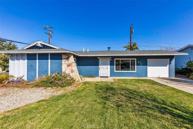 single story home featuring a garage, concrete driveway, a front yard, and stucco siding