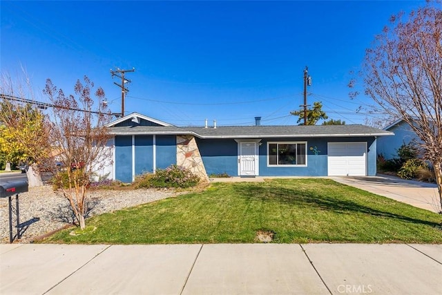 single story home with a garage, driveway, a front lawn, and stucco siding