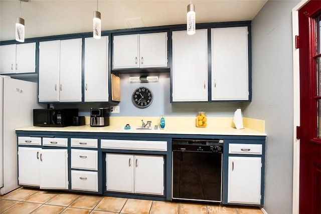 kitchen with pendant lighting, white cabinets, and black appliances