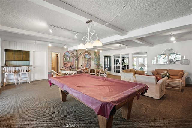 5845 Doverwood Dr Unit 216, Culver City, CA 90230 - game room featuring carpet floors, track lighting, a textured ceiling, billiards table, and beam ceiling