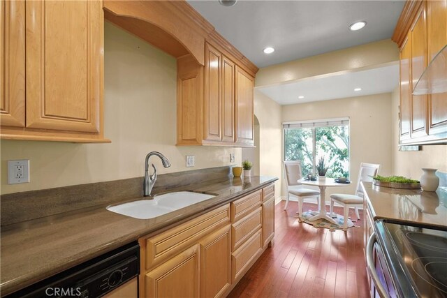 5845 Doverwood Dr Unit 216, Culver City, CA 90230 - kitchen featuring dishwashing machine, stainless steel electric stove, dark wood-style floors, and recessed lighting