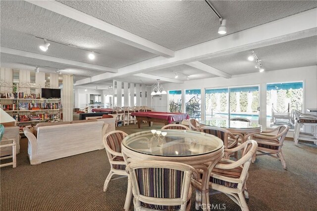 5845 Doverwood Dr Unit 216, Culver City, CA 90230 - carpeted dining area featuring rail lighting, a textured ceiling, billiards table, and beam ceiling