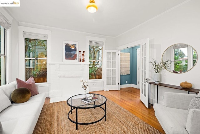 living room featuring hardwood / wood-style flooring, ornamental molding, french doors, and a healthy amount of sunlight