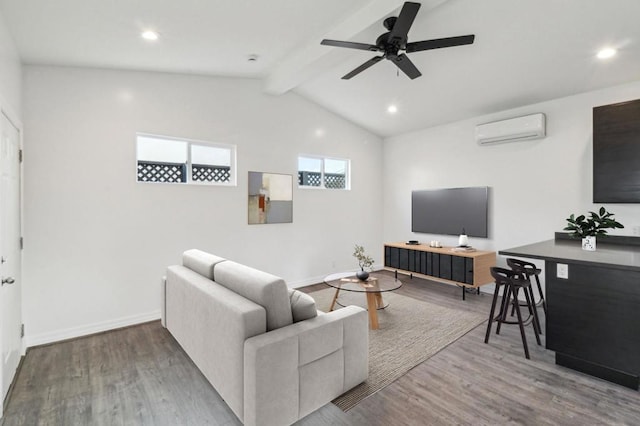 living room featuring ceiling fan, a wall mounted air conditioner, hardwood / wood-style floors, and vaulted ceiling with beams