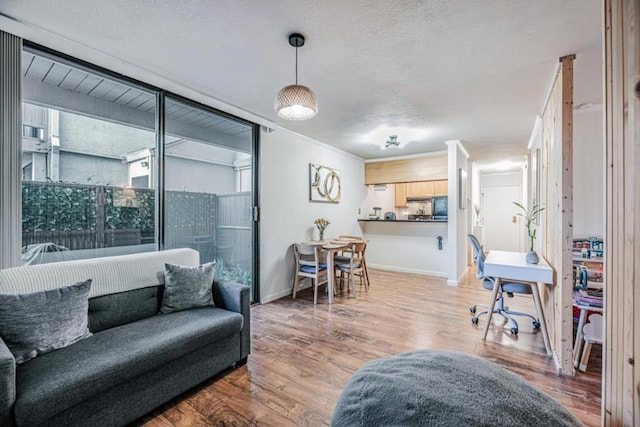 living room with wood-type flooring and a textured ceiling