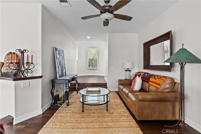 26800 Monet Ln, Valencia, CA 91355 - living area with ceiling fan, recessed lighting, dark wood-style flooring, visible vents, and baseboards