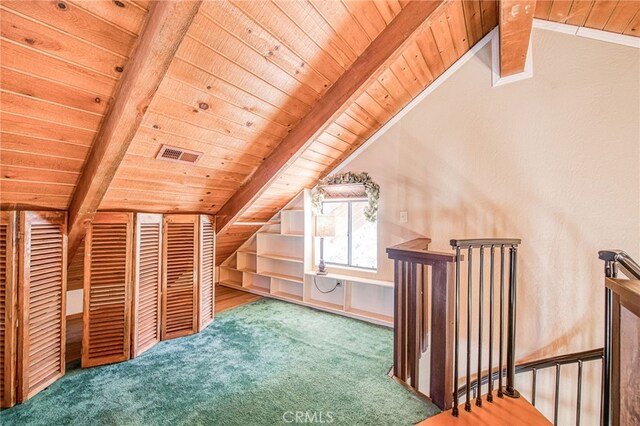 bonus room featuring vaulted ceiling with beams, wood ceiling, and carpet flooring