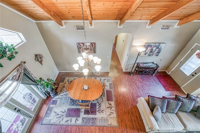 living room featuring wood ceiling, beamed ceiling, and hardwood / wood-style flooring